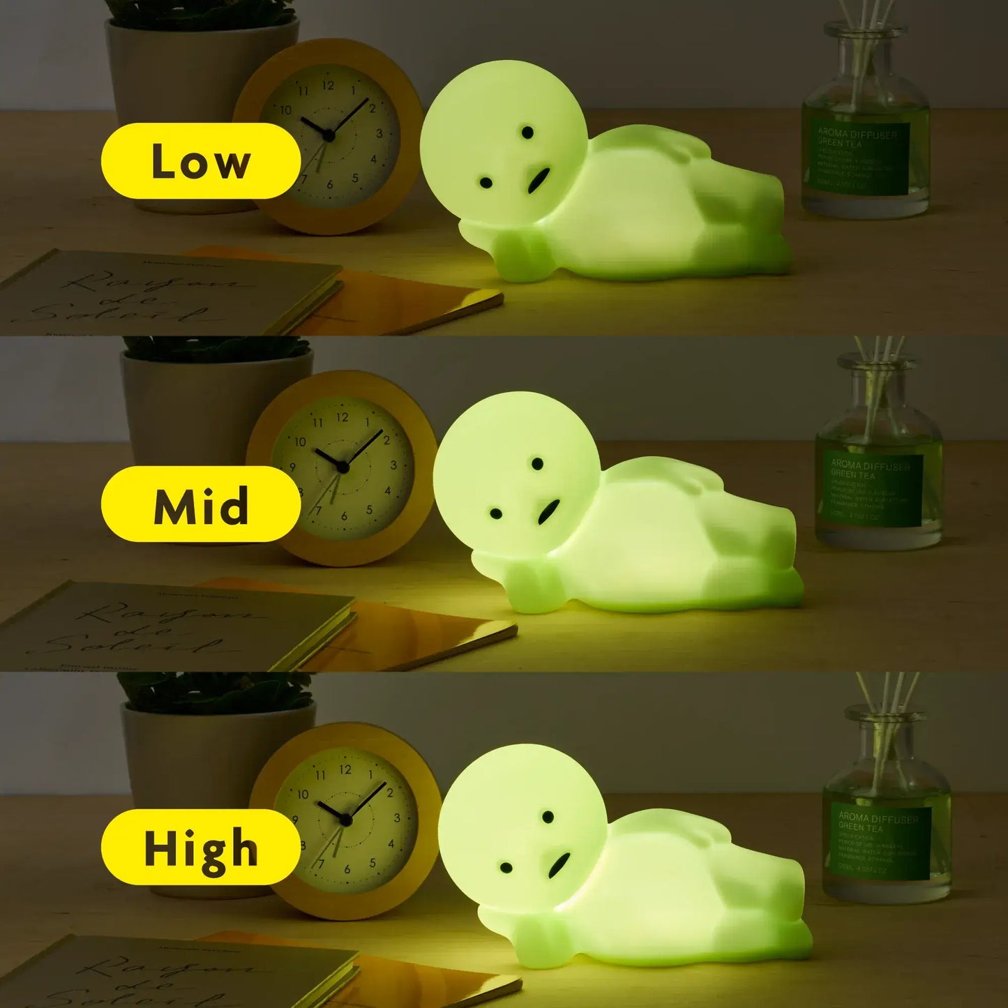 Les trois niveaux d'intensités de la lampe Smiski touch light 2 - Veilleuse