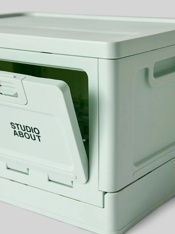 Boite vert menthe Studio About focus sur l'ouverture sur le côté qui permet de créer une petite étagère