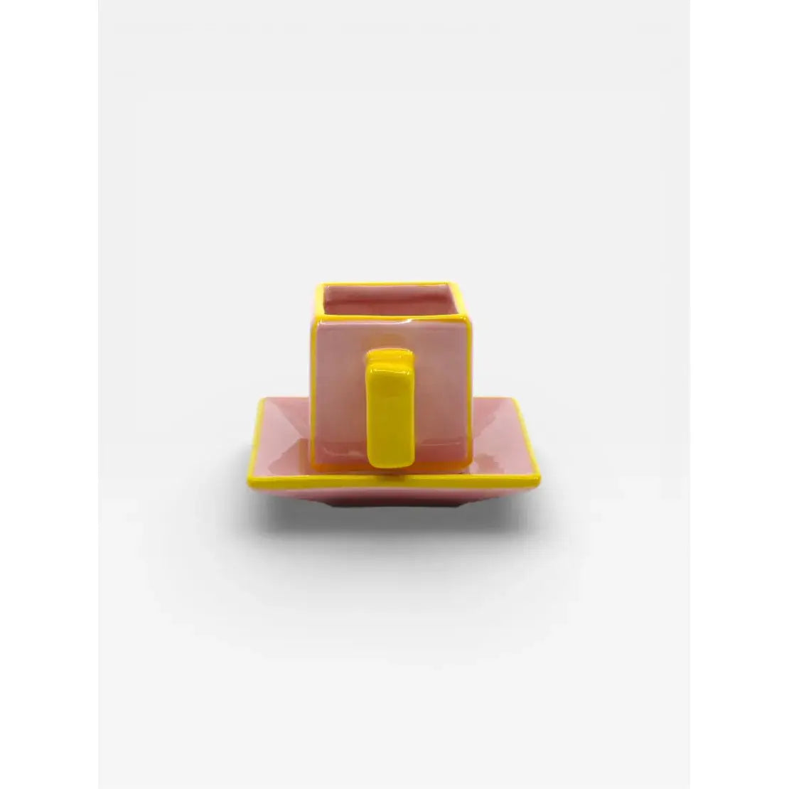 Tasse à café et soucoupe en céramique roses et jaunes design graphique Tile vue de dos