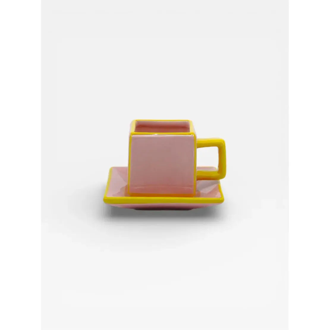 Tasse à café avec soucoupe en céramique rose et jaune design graphique Tile - anse jaune