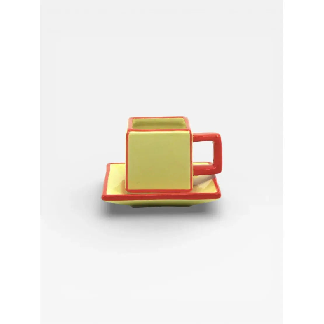 Tasse à café avec soucoupe en céramique  Table Machine jaune et orange design graphique - anse orange
