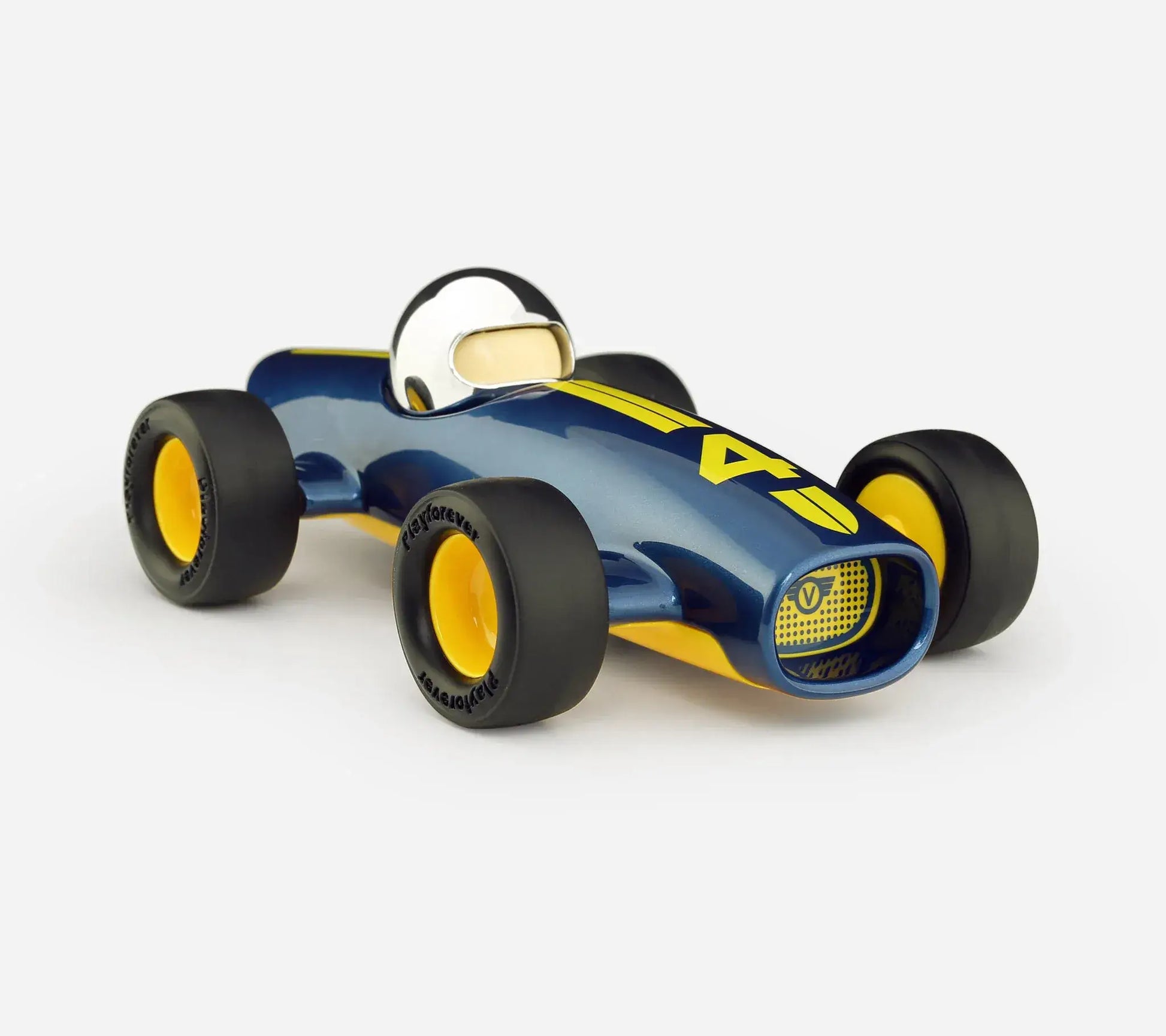 Voiture miniature Playforever Malibu Lucas bleue et jaune inspirée des voitures de course vintage