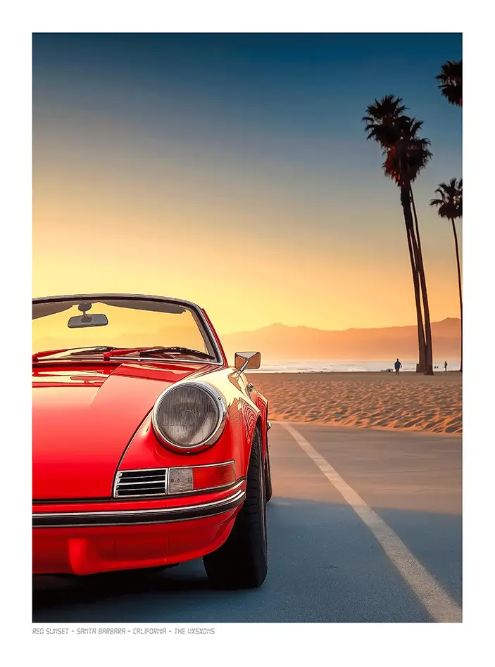 Affiche The Vxsxons"Red Sunset" Porsche rouge près d'une plage Californienne