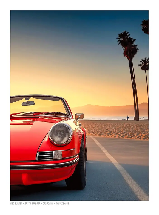 Affiche The Vxsxons"Red Sunset" Porsche rouge près d'une plage Californienne