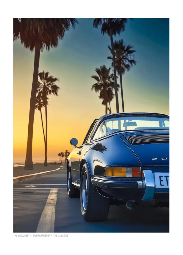 Affiche Sunset Santa Barbara The Visions - Porsche décapotable bleue sur une route Californienne