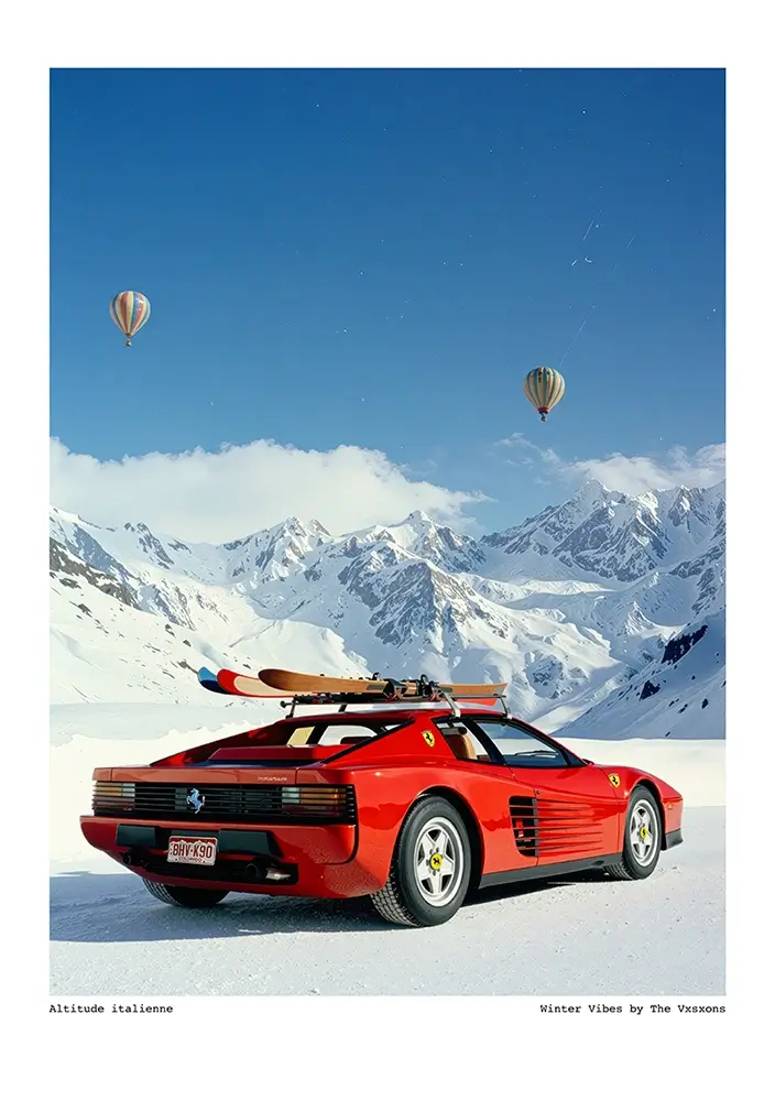 Affiche "Altitude Italienne - Winter Vibes" par the Vxsxons : Ferrari rouge face à une chaine de montagne