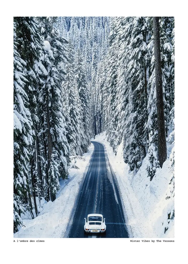 The Vxsxons"À l'Ombre des Cimes - Winter Vibes" une Porsche roulant dans une forêt enneigée