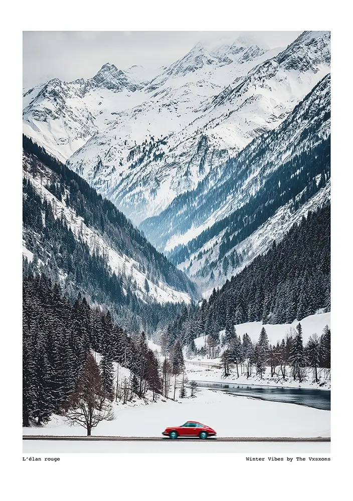 Affiche "L'Élan Rouge - Winter Vibes" par the Vxsxons : voiture rouge dans un paysage montagneux