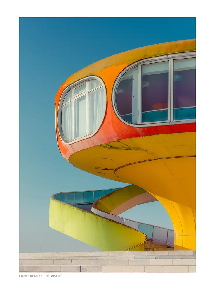 Affiche the Vxsxons "Ovni, Stockholm" bâtiment rétro-futuriste coloré à la forme d'OVNI
