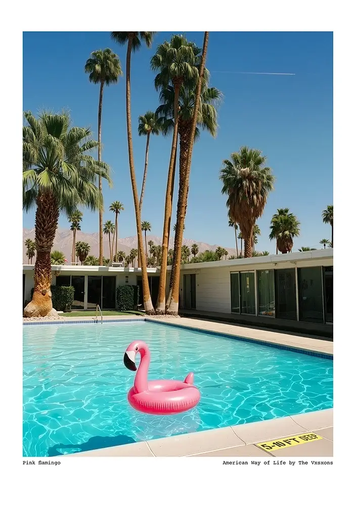 "Pink Flamingo - American Way Of Life" piscine avec une bouée flamand rose