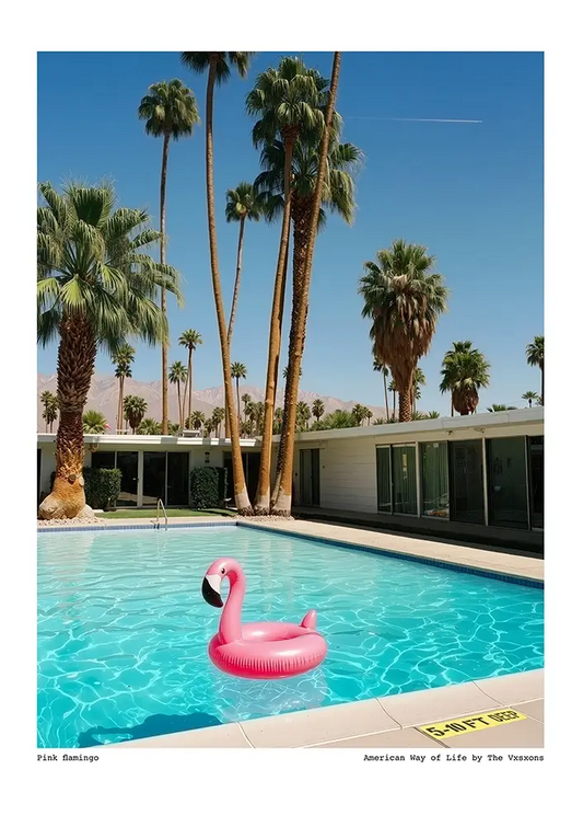 "Pink Flamingo - American Way Of Life" piscine avec une bouée flamand rose