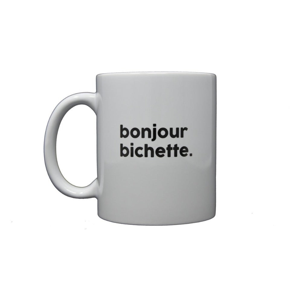 Mug Bichette - Tasse en porcelaine blanche - Texte noir Bonjour Bichette - Félicie aussi
