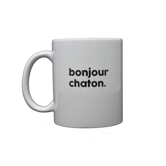 Mug Chaton - Tasse en porcelaine blanche - Texte noir Bonjour Chaton - Félicie aussi