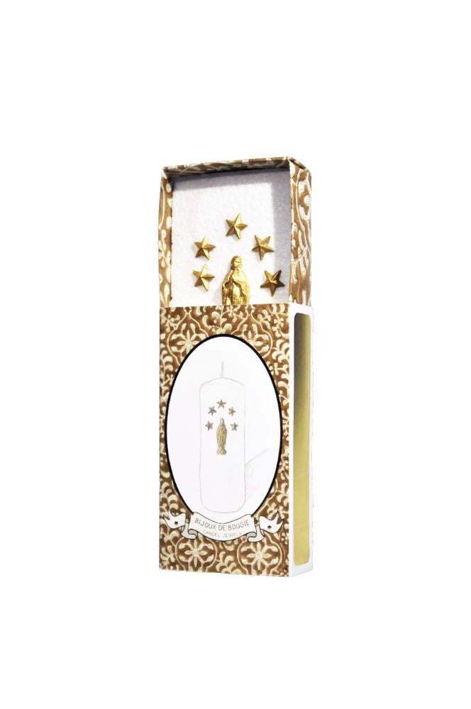 Boîte du Bijou de bougie Boncoeurs Ave Maria : 1 vierge et 5 étoiles en métal doré à planter dans support en cire