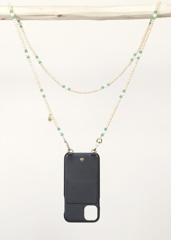Arielle - Bandoulière en perles de bois et perles de verre colorées avec Coque en cuir noir Lou - Louvini