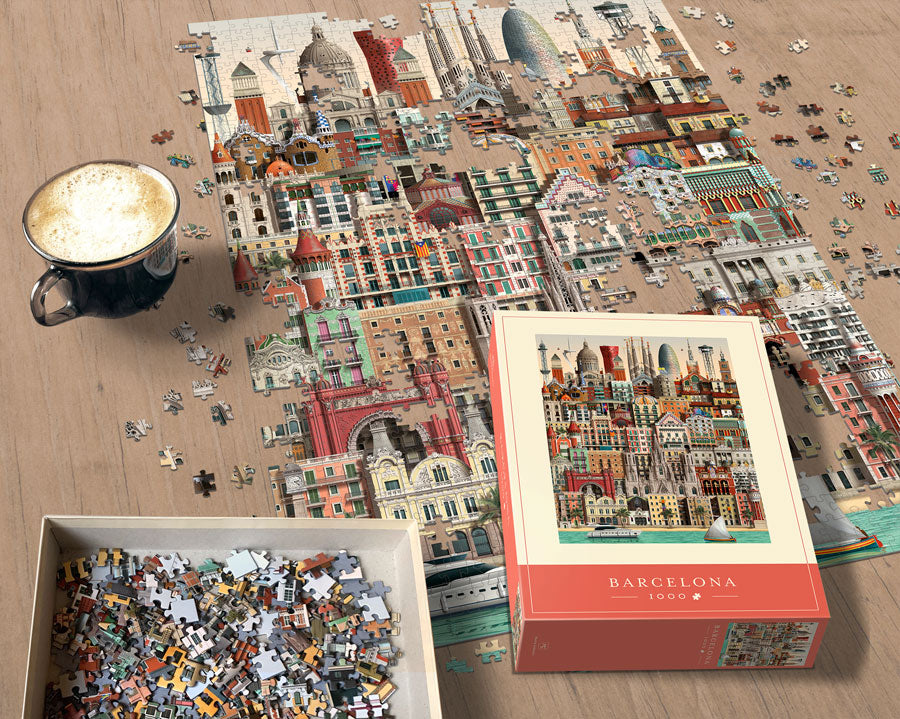 Puzzle 1000 pièces représentant les bâtiments emblématique de Barcelone par l'illustrateur Martin Schwartz