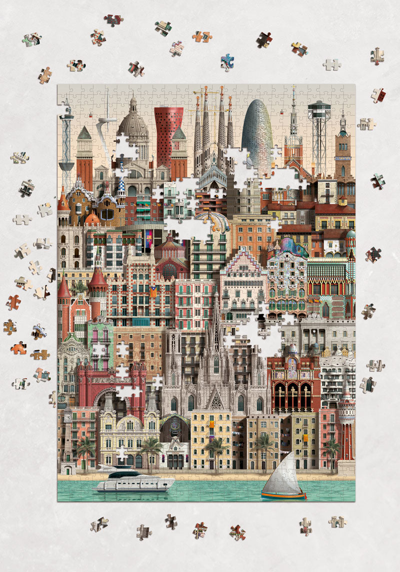 Puzzle 1000 pièces représentant les bâtiments emblématique de Barcelone par l'illustrateur Martin Schwartz