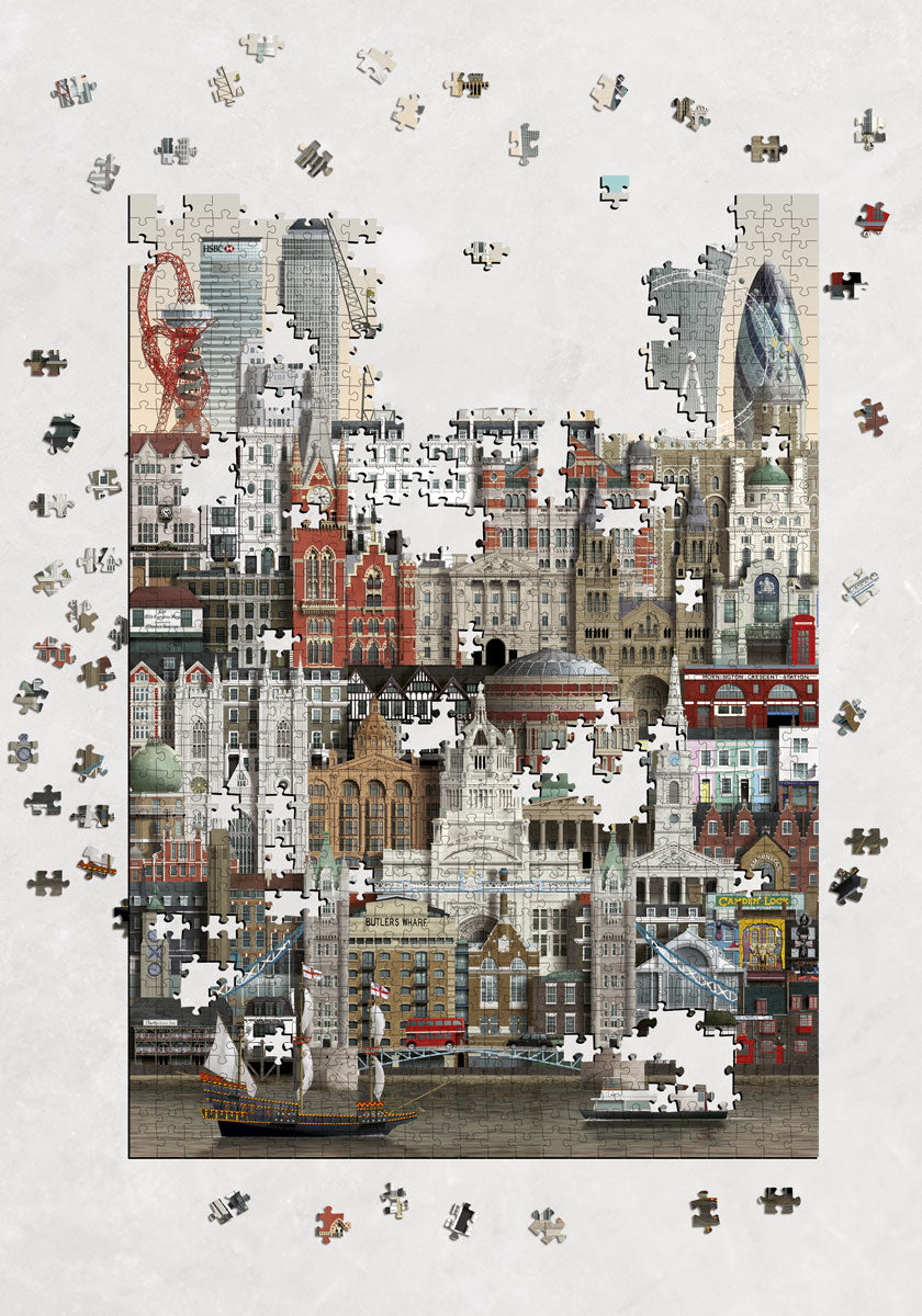 Puzzle 1000 pièces représentant les bâtiments emblématique de Londres par l'illustrateur Martin Schwartz