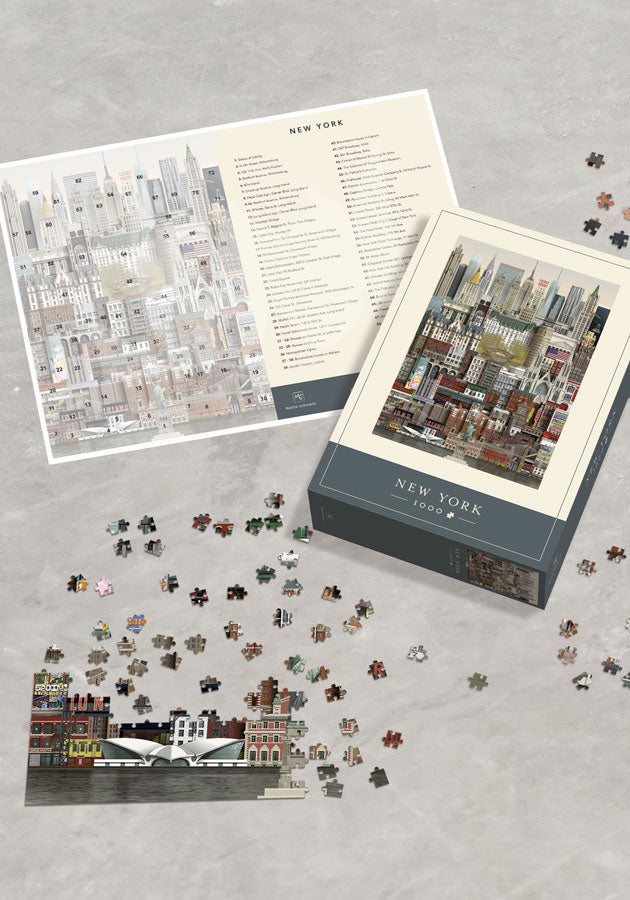Puzzle 1000 pièces représentant les bâtiments emblématique de New York par l'illustrateur Martin Schwartz