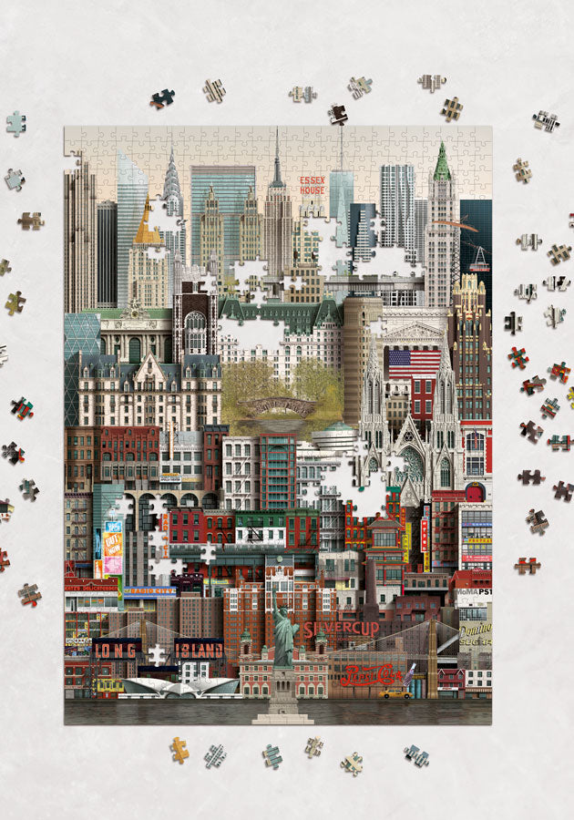Puzzle 1000 pièces représentant les bâtiments emblématique de New York par l'illustrateur Martin Schwartz