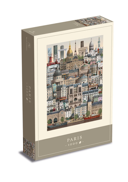 Puzzle 1000 pièces représentant les bâtiments emblématique de Paris par l'illustrateur Martin Schwartz