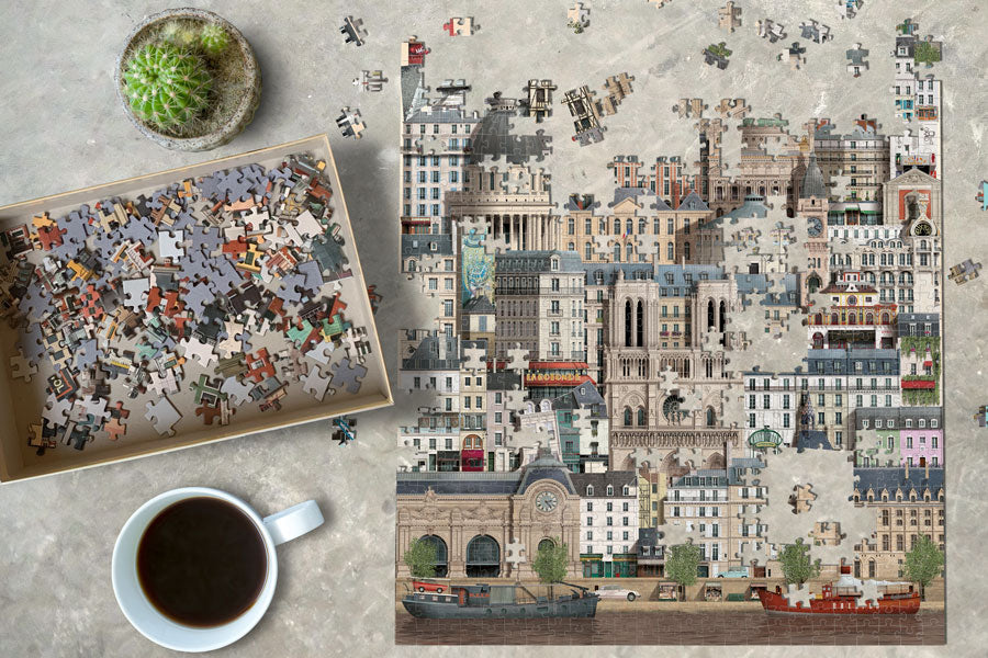 Puzzle 1000 pièces représentant les bâtiments emblématique de Paris par l'illustrateur Martin Schwartz