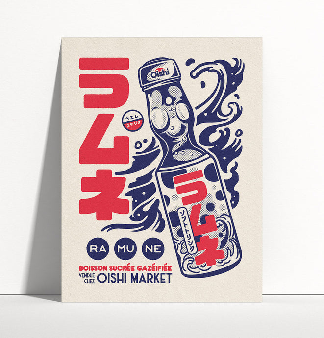 Ramune - Illustration bleu et rouge de soda japonais - Paiheme Studio