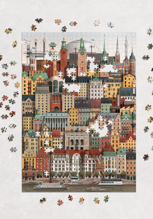 Puzzle 1000 pièces représentant les bâtiments emblématique de Stockholm par l'illustrateur Martin Schwartz