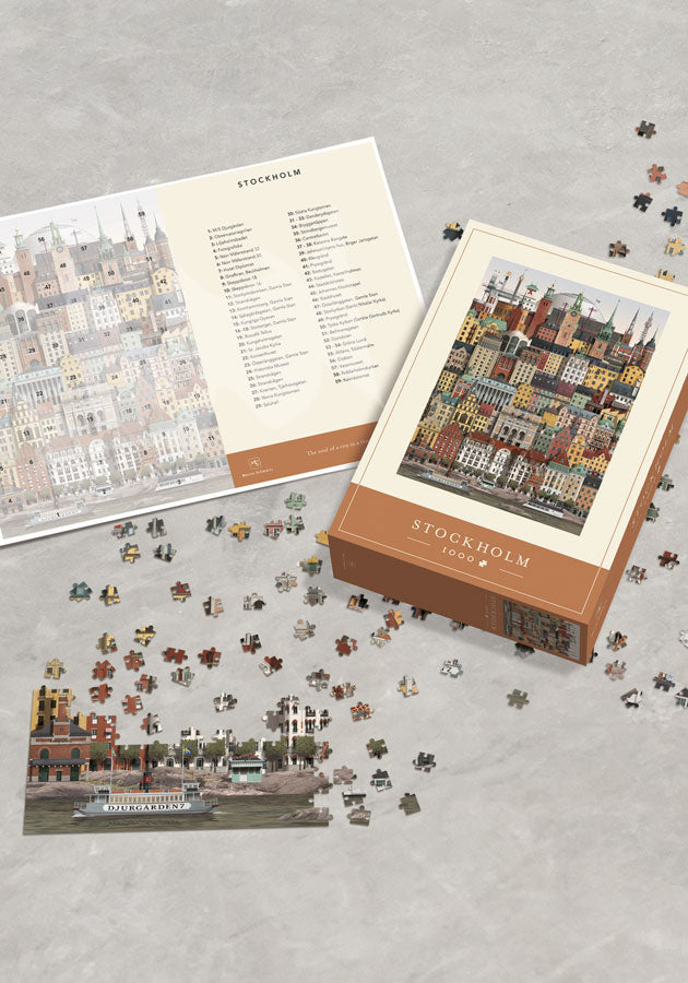 Puzzle 1000 pièces représentant les bâtiments emblématique de Stockholm par l'illustrateur Martin Schwartz
