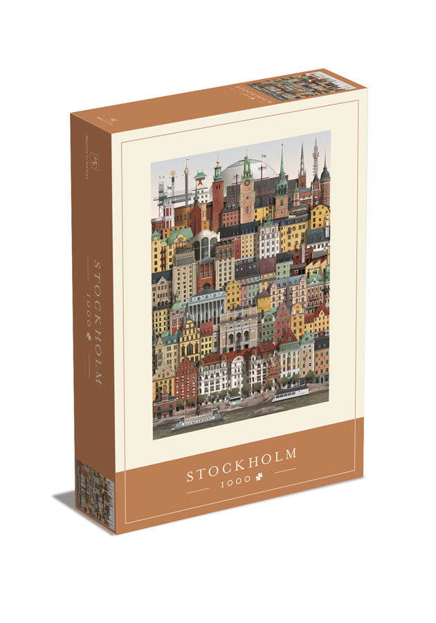 Puzzle 1000 pièces représentant les bâtiments emblématique de Stockholm par l'illustrateur Martin Schwartz