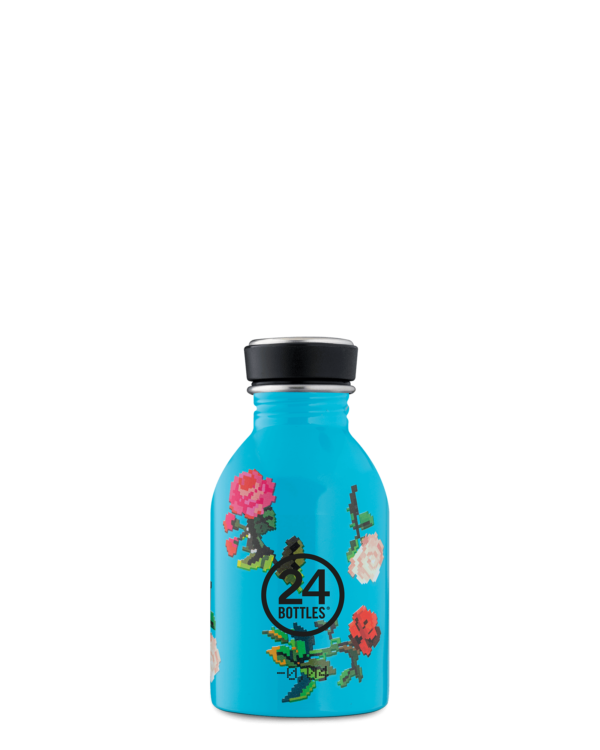 Rosabyte Urban Bottle - gourde 250ml en acier inoxydable - motifs de roses en pixels sur fond bleu - 24Bottles