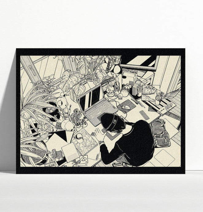 Illustration d'un bureau en noir et blanc par Paiheme