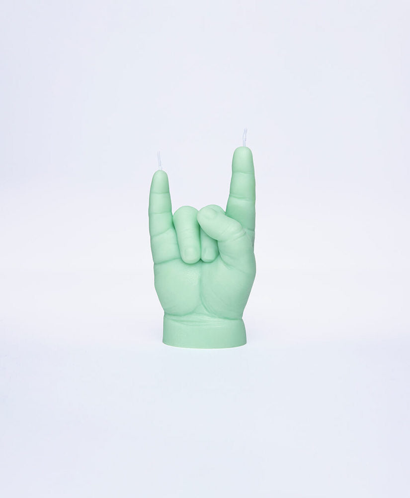 You Rock Green - bougie main en forme de signe "you rock" main de bébé - cire verte - Candle Hand