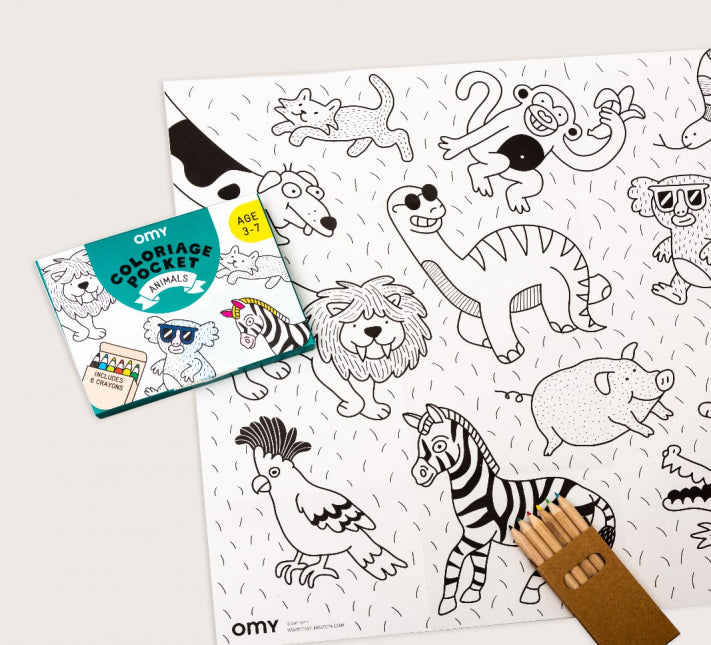 Animaux - coloriage de poche + 6 crayons - 3 à 7 ans - Omy