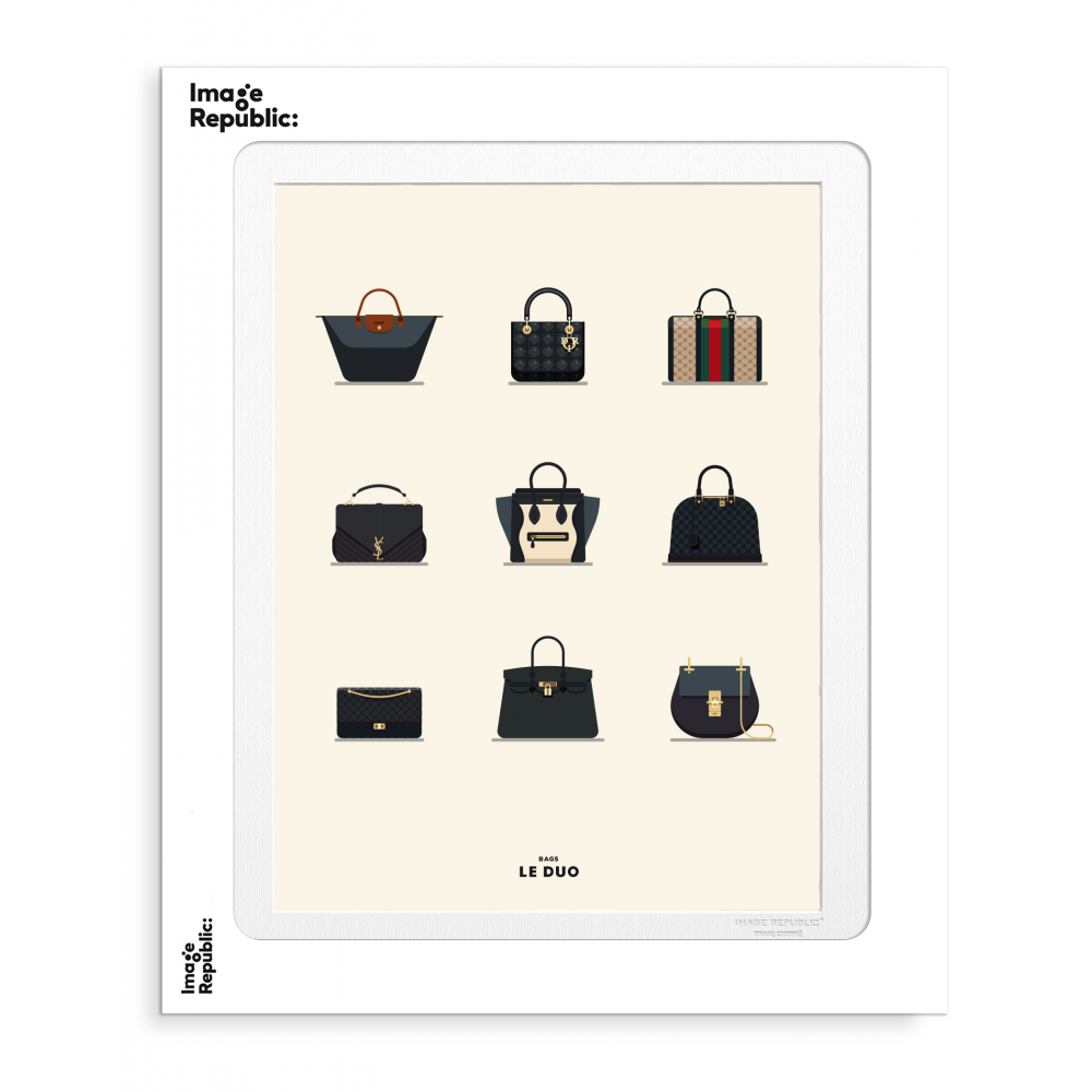 Illustration par le Duo - 9 sacs de luxe (YSL,Chanel, Chloé, Gucci...) sur fond beige