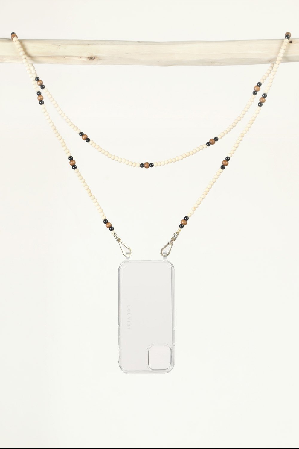 Arielle - Bandoulière en perles de bois et perles de verre noires et marrons avec coque transparente Charlie -Louvini