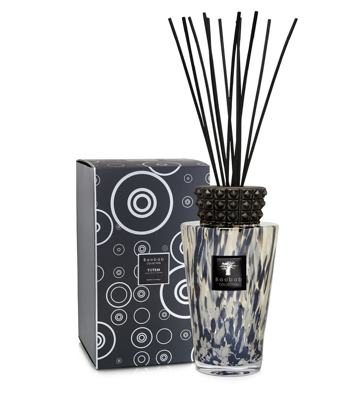 Totem 5L diffuseur de parfum Baobab - verre transparent avec confetti noirs et bouchon noir