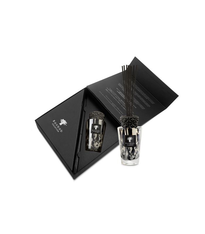 Totem 250ml diffuseur de parfum Baobab - verre transparent avec confetti noirs et bouchon noir
