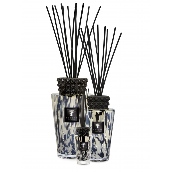 Ensemble de 3 totems diffuseurs de parfum Baobab - verre transparent avec confetti noirs et bouchon noir