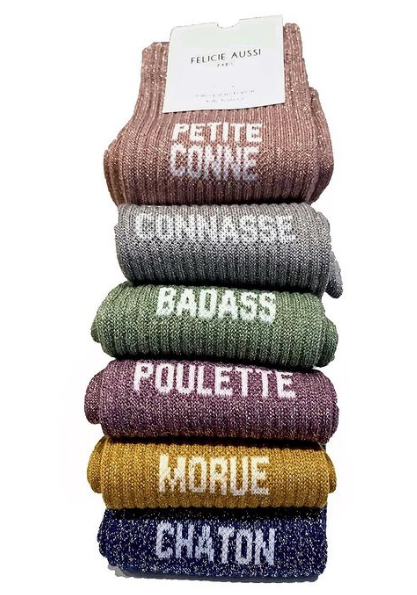 Chaussettes à paillette Poulette, couleur parme, fabriquées en France par Félicie Aussi