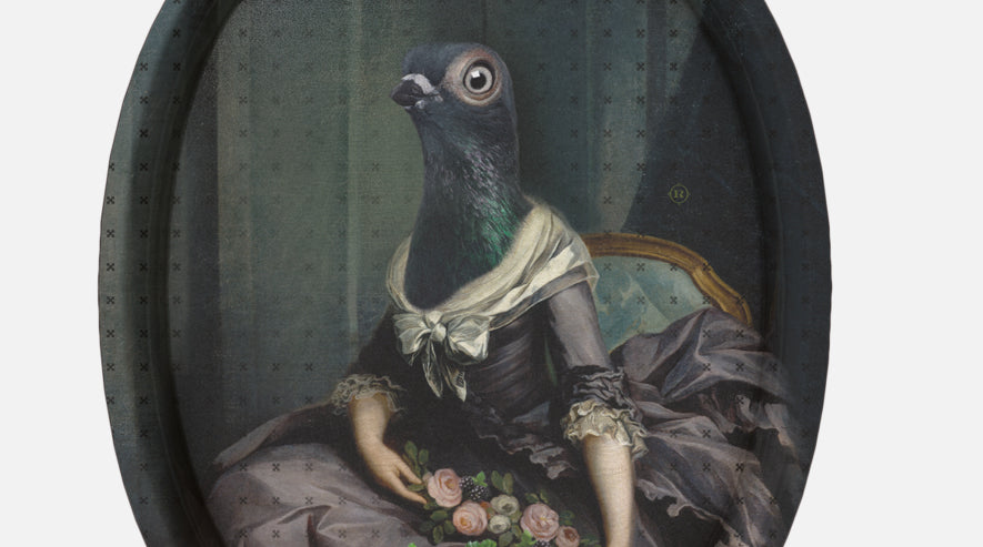 Plateau oval Isild représentant un pigeon habillé en robe - Ibride