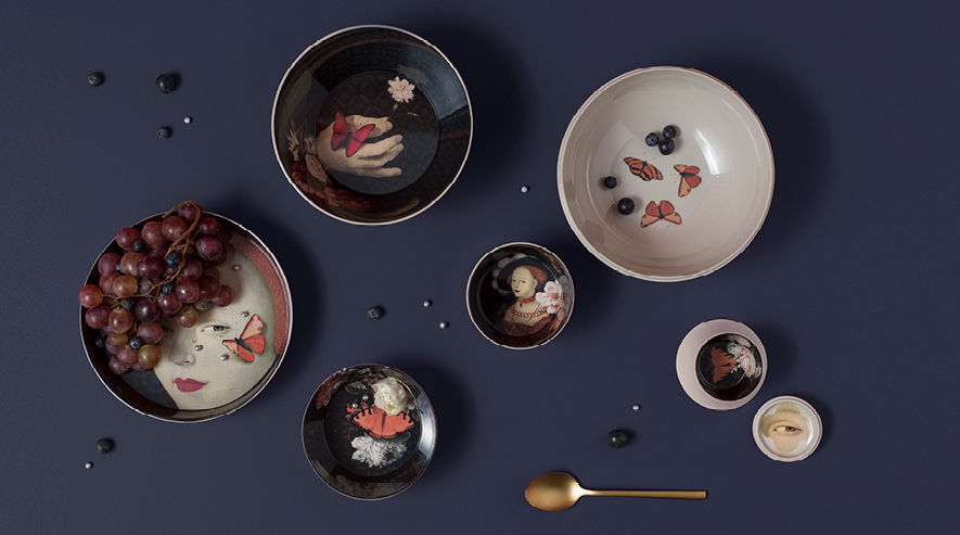 Ming Muse, service de table empilable en mélamine couleur lin, Collection Faux-semblants par Ibride
