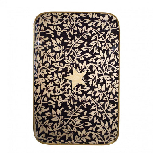 Black Flowers Rameau Carbone - plateau en aluminium emaillé 41 x 27 cm - motif floral avec étoile au centre par Boncoeurs