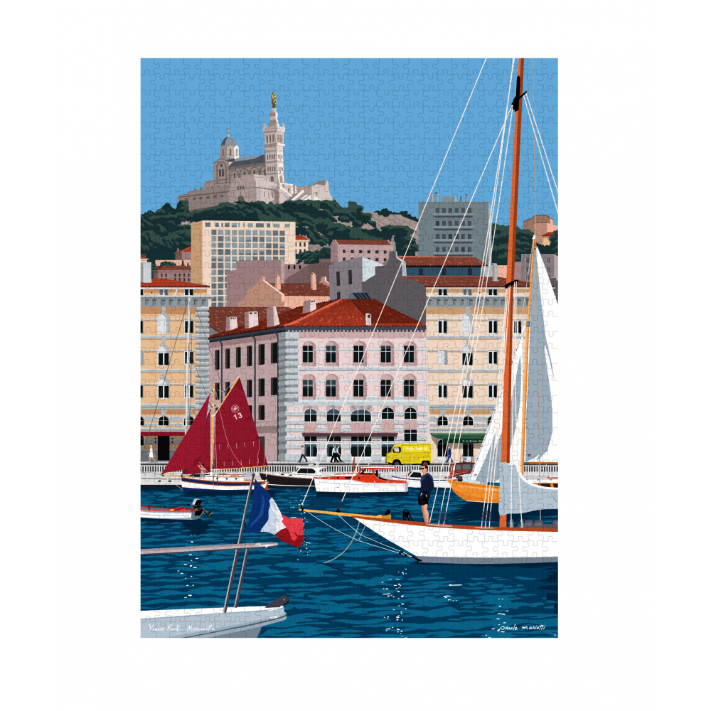Puzzle 1000 pièces tiré d'une illustration de Paolo Mariotti représentant une vue de Marseille depuis la mer - Image Republic