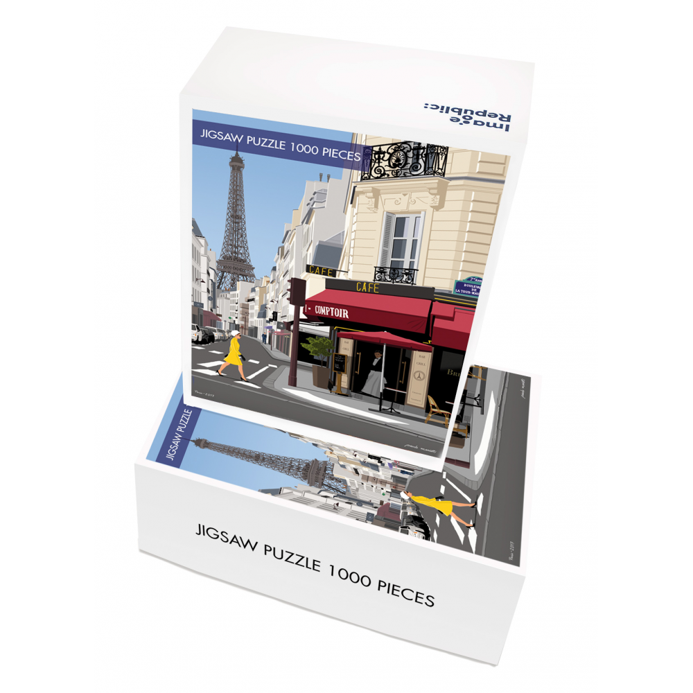Puzzle 1000 pièces tiré d'une illustration de Paolo Mariotti représentant une vue de Paris avec la Tour Eiffel et un café - Image Republic
