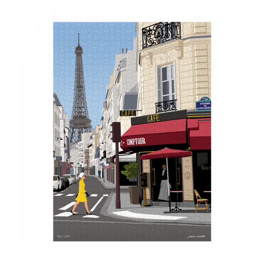 Puzzle 1000 pièces tiré d'une illustration de Paolo Mariotti représentant une vue de Paris avec la Tour Eiffel et un café - Image Republic