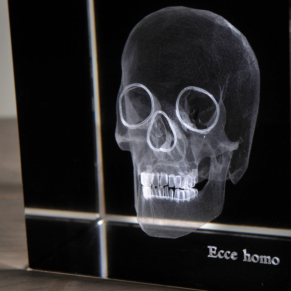 Radiographie d'un crâne dans un cube de cristal 