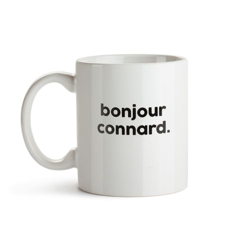 Mug Connard - Tasse en porcelaine blanche - Texte noir Bonjour connard - Félicie aussi