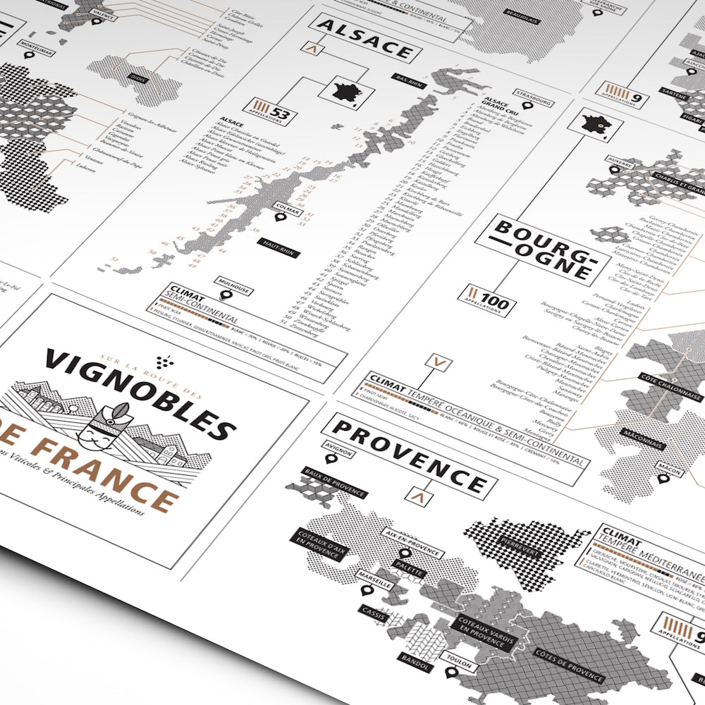 Affiche 50x70 illustrant les domaines viticoles français par La Majorette à Moustache